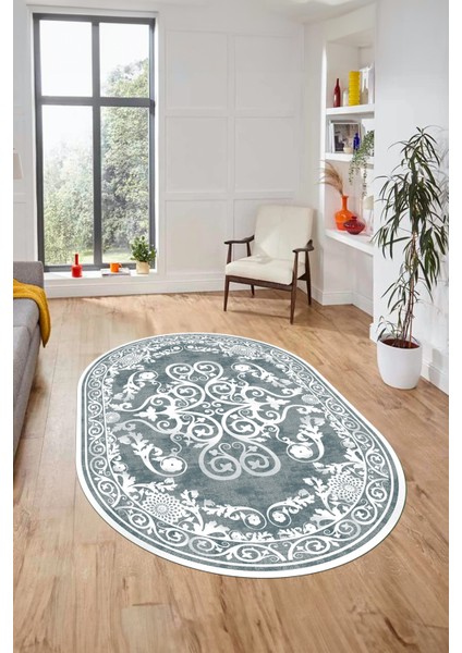 Baskılı Kaymaz Yıkanabilir Klasik Desenli Oval Yolluk Mutfak Salon Halısı, O-Klasik-09-Mavi, indirimleri