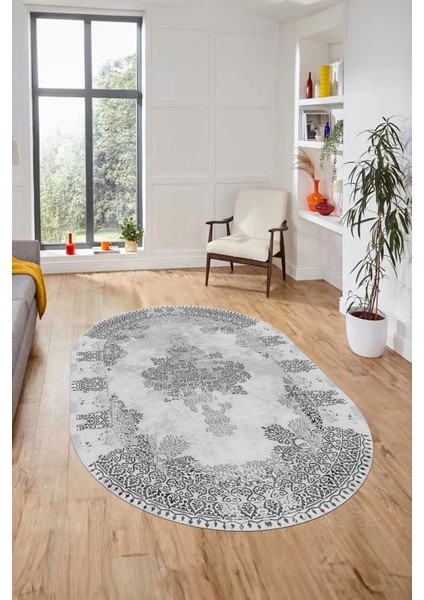 Sade Klasik Desenli Dijital Kaymaz Yıkanabilir Oval Yolluk Salon Halısı, O-Klasik-22-Gri,
