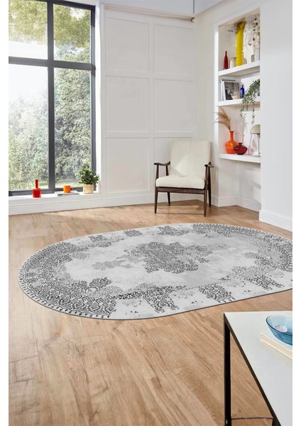 Sade Klasik Desenli Dijital Kaymaz Yıkanabilir Oval Yolluk Salon Halısı, O-Klasik-22-Gri,