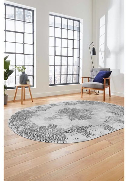 Sade Klasik Desenli Dijital Kaymaz Yıkanabilir Oval Yolluk Salon Halısı, O-Klasik-22-Gri,