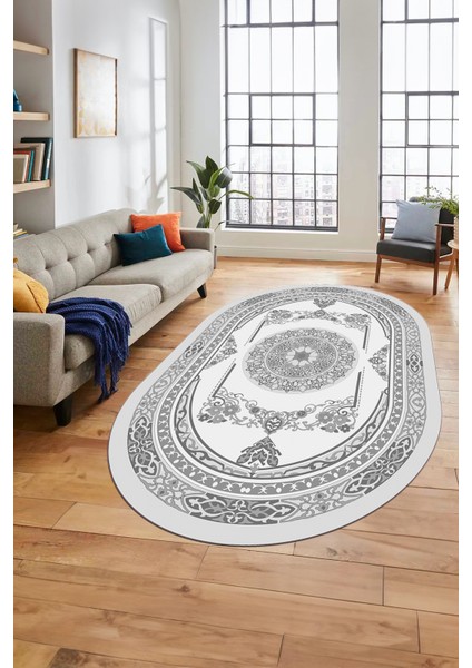Modern Klasik Dijital Kaymaz Taban Yıkanabilir Oval Yolluk Salon Halısı, O-Klasik-17-Gri,