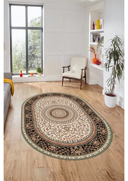 Klasik Desenli Dijital Kaymaz Yıkanabilir Oval Yolluk Koridor Salon Halısı, O-Klasik-21-Krem,