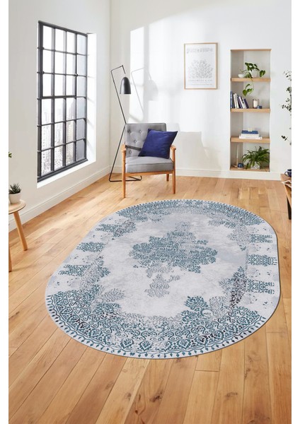Sade Klasik Desenli Dijital Kaymaz Yıkanabilir Oval Yolluk Salon Halısı, O-Klasik-22-Mavi, fırsatları