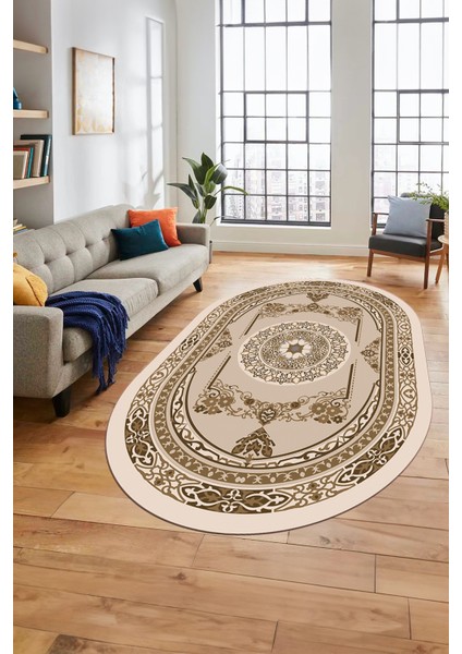 Modern Klasik Dijital Kaymaz Taban Yıkanabilir Oval Yolluk Salon Halısı, O-Klasik-17-Kahve,