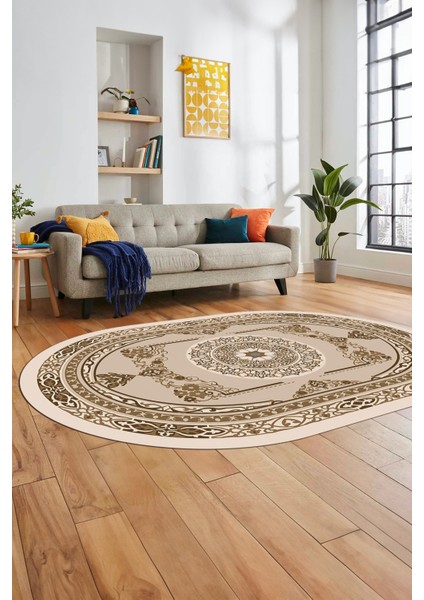 Modern Klasik Dijital Kaymaz Taban Yıkanabilir Oval Yolluk Salon Halısı, O-Klasik-17-Kahve, fiyatları