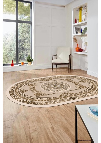 Modern Klasik Dijital Kaymaz Taban Yıkanabilir Oval Yolluk Salon Halısı, O-Klasik-17-Kahve, fırsatları