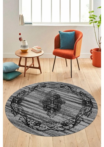 Klasik Desenli Dijital Kaymaz Taban Yıkanabilir Yuvarlak Mutfak Salon Halısı, Y-Klasik-11-Antrasit,