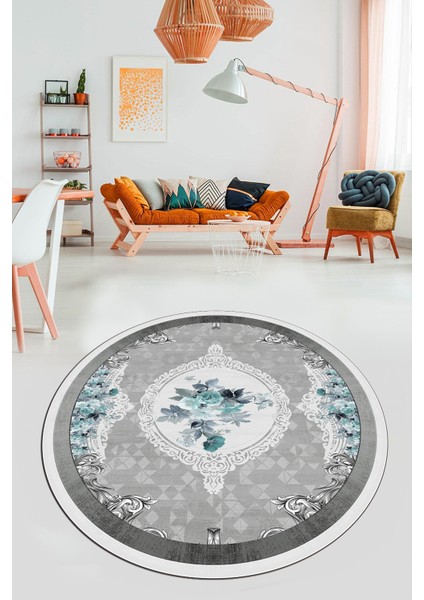 Çiçekli Klasik Dijital Kaymaz Taban Yıkanabilir Yuvarlak Mutfak Salon Halısı, Y-Klasik-16-Mavi,