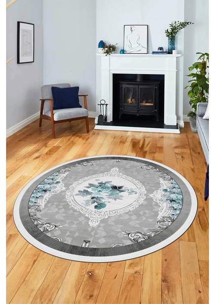Çiçekli Klasik Dijital Kaymaz Taban Yıkanabilir Yuvarlak Mutfak Salon Halısı, Y-Klasik-16-Mavi, modelleri
