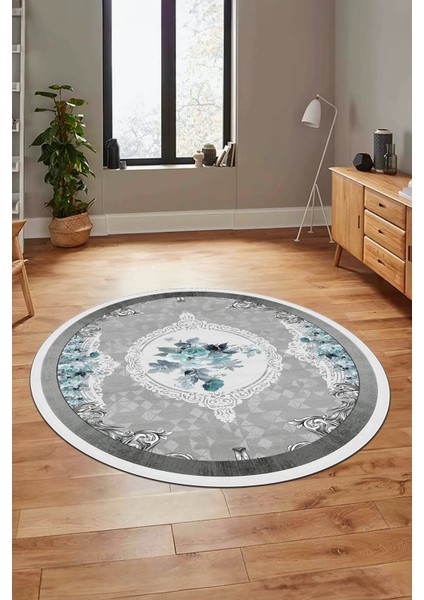 Çiçekli Klasik Dijital Kaymaz Taban Yıkanabilir Yuvarlak Mutfak Salon Halısı, Y-Klasik-16-Mavi, fırsatları