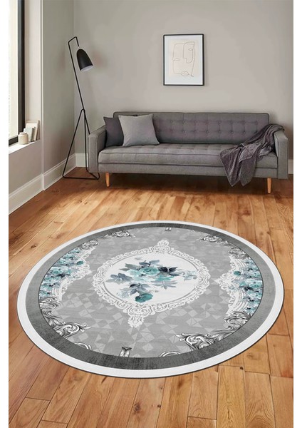Çiçekli Klasik Dijital Kaymaz Taban Yıkanabilir Yuvarlak Mutfak Salon Halısı, Y-Klasik-16-Mavi, indirimleri