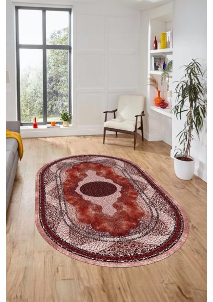 Göbekli Klasik Desen Dijital Kaymaz Yıkanabilir Oval Yolluk Mutfak Salon Halısı, O-Klasik-24-Bordo,