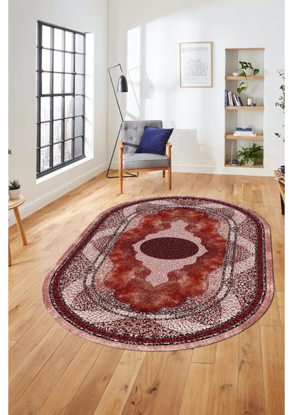 Göbekli Klasik Desen Dijital Kaymaz Yıkanabilir Oval Yolluk Mutfak Salon Halısı, O-Klasik-24-Bordo,