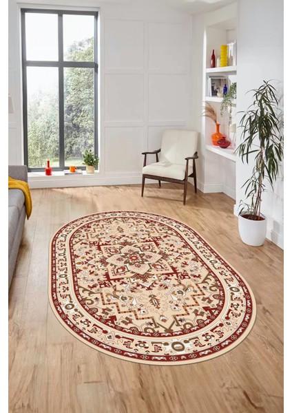Baskılı Kaymaz Yıkanabilir Klasik Desen Oval Yolluk Mutfak Salon Halısı, O-Klasik-10-Bordo, fırsatları