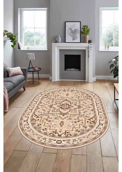 Baskılı Kaymaz Yıkanabilir Klasik Desen Oval Yolluk Mutfak Salon Halısı, O-Klasik-10-Kahve,