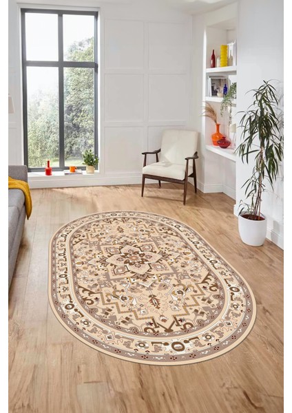 Baskılı Kaymaz Yıkanabilir Klasik Desen Oval Yolluk Mutfak Salon Halısı, O-Klasik-10-Kahve, indirimleri