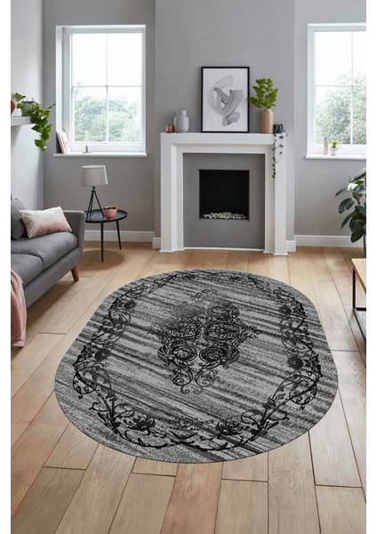 Klasik Desen Dijital Kaymaz Taban Yıkanabilir Oval Yolluk Mutfak Salon Halısı, O-Klasik-11-Antrasit,