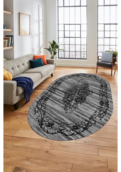 Klasik Desen Dijital Kaymaz Taban Yıkanabilir Oval Yolluk Mutfak Salon Halısı, O-Klasik-11-Antrasit, modelleri