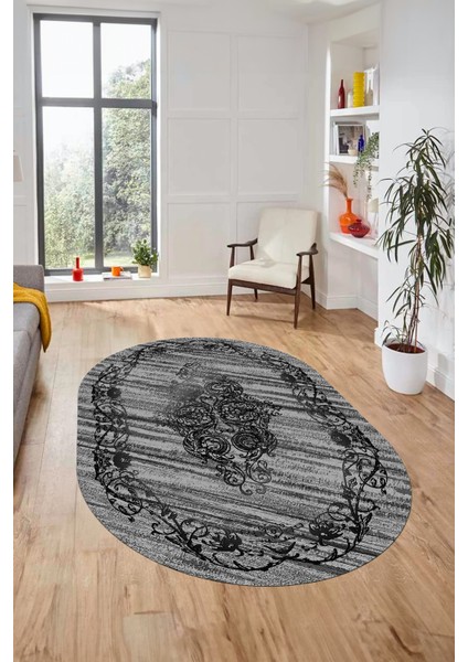 Klasik Desen Dijital Kaymaz Taban Yıkanabilir Oval Yolluk Mutfak Salon Halısı, O-Klasik-11-Antrasit, indirimleri
