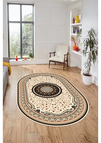 Göbekli Klasik Dijital Kaymaz Taban Yıkanabilir Oval Yolluk Salon Halısı, O-Klasik-18-Siyah, modelleri