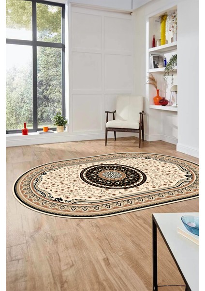 Göbekli Klasik Dijital Kaymaz Taban Yıkanabilir Oval Yolluk Salon Halısı, O-Klasik-18-Siyah, fırsatları