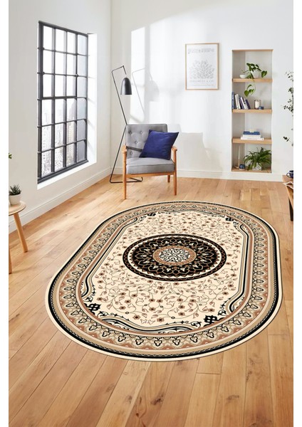 Göbekli Klasik Dijital Kaymaz Taban Yıkanabilir Oval Yolluk Salon Halısı, O-Klasik-18-Siyah, indirimleri