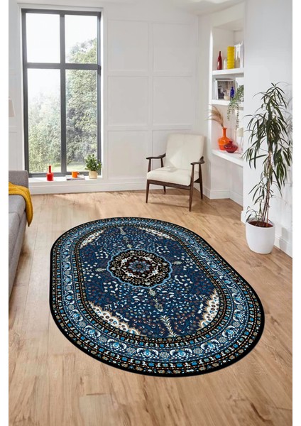 Renkli Klasik Desen Dijital Kaymaz Yıkanabilir Oval Yolluk Salon Halısı, O-Klasik-26-Lacivert,