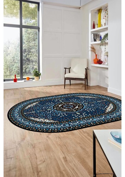Renkli Klasik Desen Dijital Kaymaz Yıkanabilir Oval Yolluk Salon Halısı, O-Klasik-26-Lacivert, fiyatları