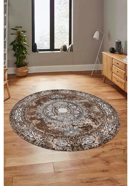 Göbekli Klasik Desen Dijital Kaymaz Yıkanabilir Yuvarlak Mutfak Salon Halısı, Y-Klasik-25-Kahve,