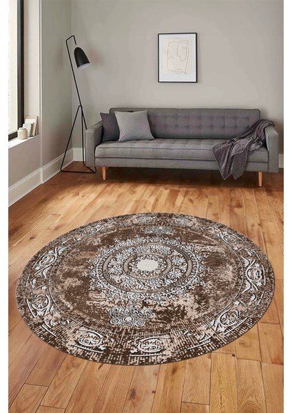 Göbekli Klasik Desen Dijital Kaymaz Yıkanabilir Yuvarlak Mutfak Salon Halısı, Y-Klasik-25-Kahve, fiyatları