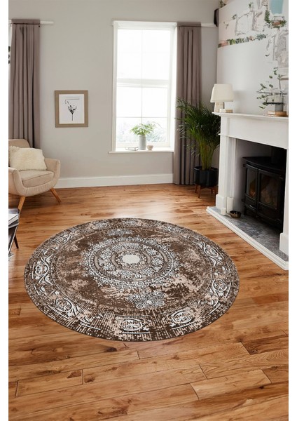 Göbekli Klasik Desen Dijital Kaymaz Yıkanabilir Yuvarlak Mutfak Salon Halısı, Y-Klasik-25-Kahve, modelleri