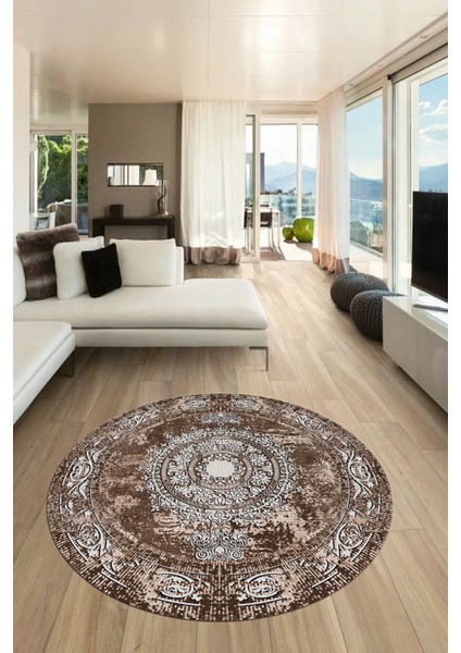 Göbekli Klasik Desen Dijital Kaymaz Yıkanabilir Yuvarlak Mutfak Salon Halısı, Y-Klasik-25-Kahve, fırsatları