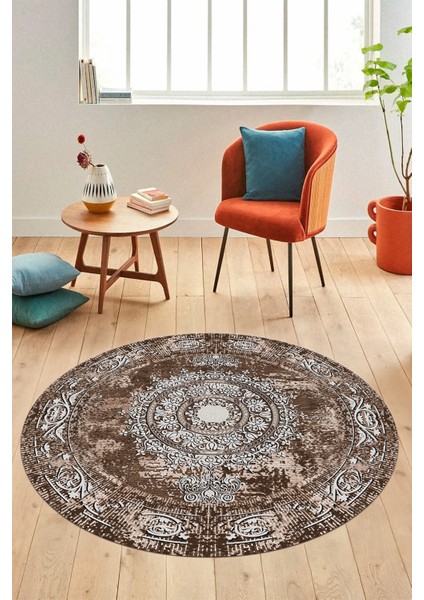 Göbekli Klasik Desen Dijital Kaymaz Yıkanabilir Yuvarlak Mutfak Salon Halısı, Y-Klasik-25-Kahve, indirimleri