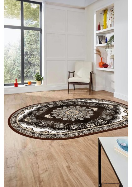 Klasik Desen Dijital Kaymaz Taban Yıkanabilir Oval Yolluk Mutfak Salon Halısı, O-Klasik-13-Kahve, indirimleri