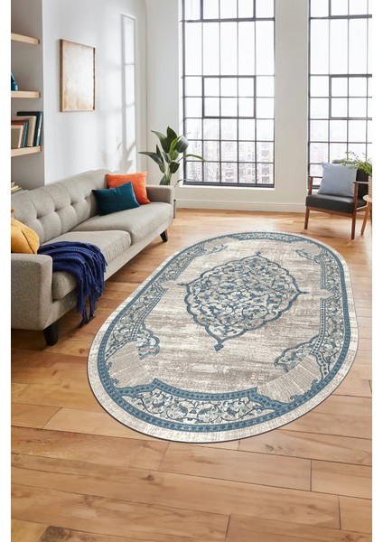 Zarif Klasik Dijital Kaymaz Taban Yıkanabilir Oval Yolluk Mutfak Salon Halısı, O-Klasik-15-Mavi, fiyatları