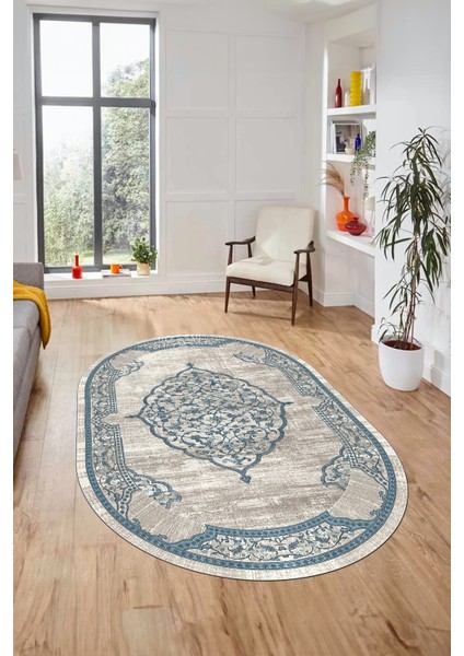 Zarif Klasik Dijital Kaymaz Taban Yıkanabilir Oval Yolluk Mutfak Salon Halısı, O-Klasik-15-Mavi, fırsatları