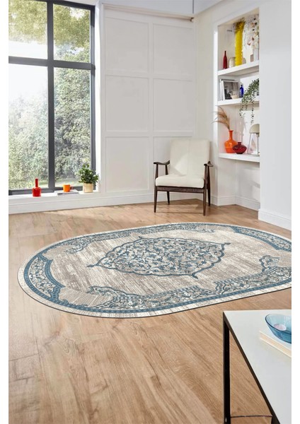 Zarif Klasik Dijital Kaymaz Taban Yıkanabilir Oval Yolluk Mutfak Salon Halısı, O-Klasik-15-Mavi, indirimleri