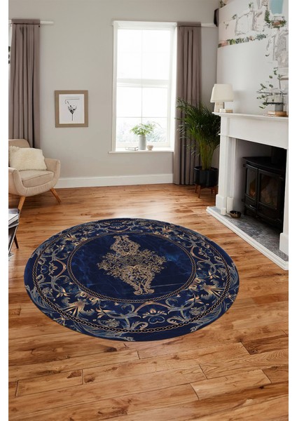 Göbekli Klasik Motifli Dijital Kaymaz Yıkanabilir Yuvarlak Mutfak Salon Halısı, Y-Klasik-28-Mavi, modelleri