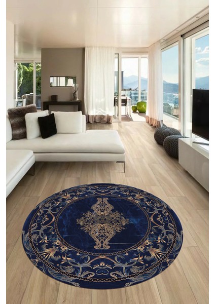 Göbekli Klasik Motifli Dijital Kaymaz Yıkanabilir Yuvarlak Mutfak Salon Halısı, Y-Klasik-28-Mavi, fırsatları