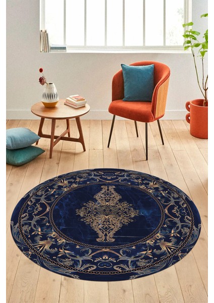 Göbekli Klasik Motifli Dijital Kaymaz Yıkanabilir Yuvarlak Mutfak Salon Halısı, Y-Klasik-28-Mavi, indirimleri