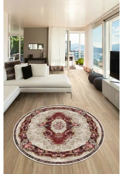 Çiçekli Klasik Motifli Dijital Kaymaz Yıkanabilir Yuvarlak Mutfak Salon Halısı, Y-Klasik-29-Bordo, modelleri