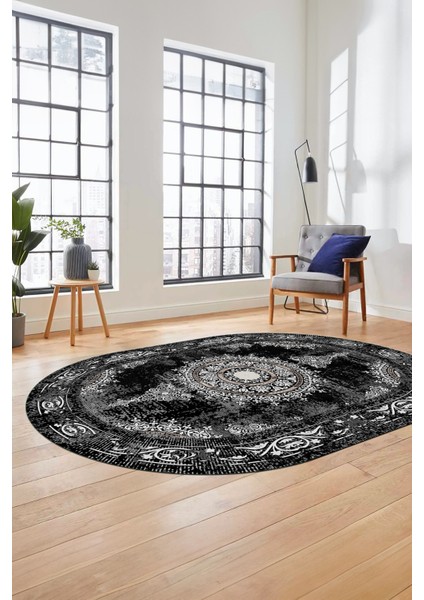 Göbekli Klasik Desen Dijital Kaymaz Yıkanabilir Oval Yolluk Salon Halısı, O-Klasik-25-Siyah, fırsatları