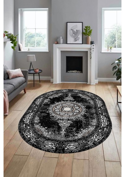 Göbekli Klasik Desen Dijital Kaymaz Yıkanabilir Oval Yolluk Salon Halısı, O-Klasik-25-Siyah, indirimleri