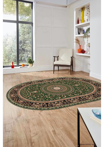 Klasik Desenli Dijital Kaymaz Yıkanabilir Oval Yolluk Koridor Salon Halısı, O-Klasik-21-Yeşil, modelleri