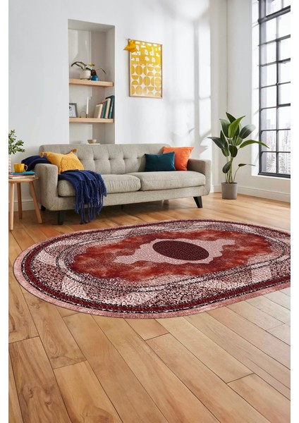 Göbekli Klasik Desen Dijital Kaymaz Yıkanabilir Oval Yolluk Mutfak Salon Halısı, O-Klasik-24-Bordo,