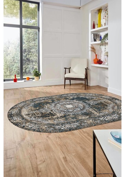 Göbekli Klasik Desen Dijital Kaymaz Yıkanabilir Oval Yolluk Salon Halısı, O-Klasik-25-Mavi, fiyatları