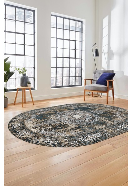 Göbekli Klasik Desen Dijital Kaymaz Yıkanabilir Oval Yolluk Salon Halısı, O-Klasik-25-Mavi, fırsatları