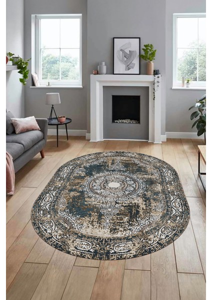 Göbekli Klasik Desen Dijital Kaymaz Yıkanabilir Oval Yolluk Salon Halısı, O-Klasik-25-Mavi, indirimleri