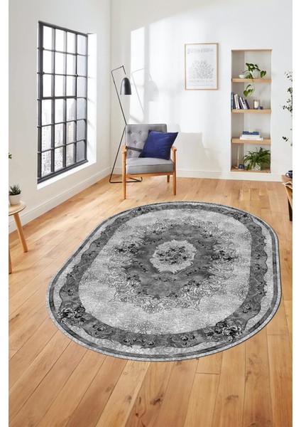 Çiçekli Klasik Motifli Dijital Kaymaz Yıkanabilir Oval Yolluk Salon Halısı, O-Klasik-29-Gri, fiyatları