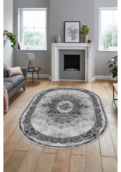 Çiçekli Klasik Motifli Dijital Kaymaz Yıkanabilir Oval Yolluk Salon Halısı, O-Klasik-29-Gri, fırsatları